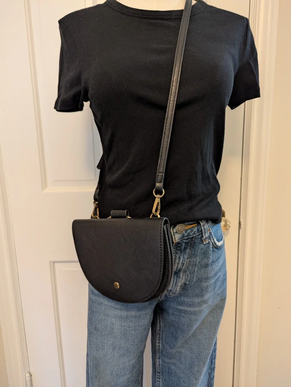 Anthropologie Black Pebbled Leather Crossbody Saddle Bag